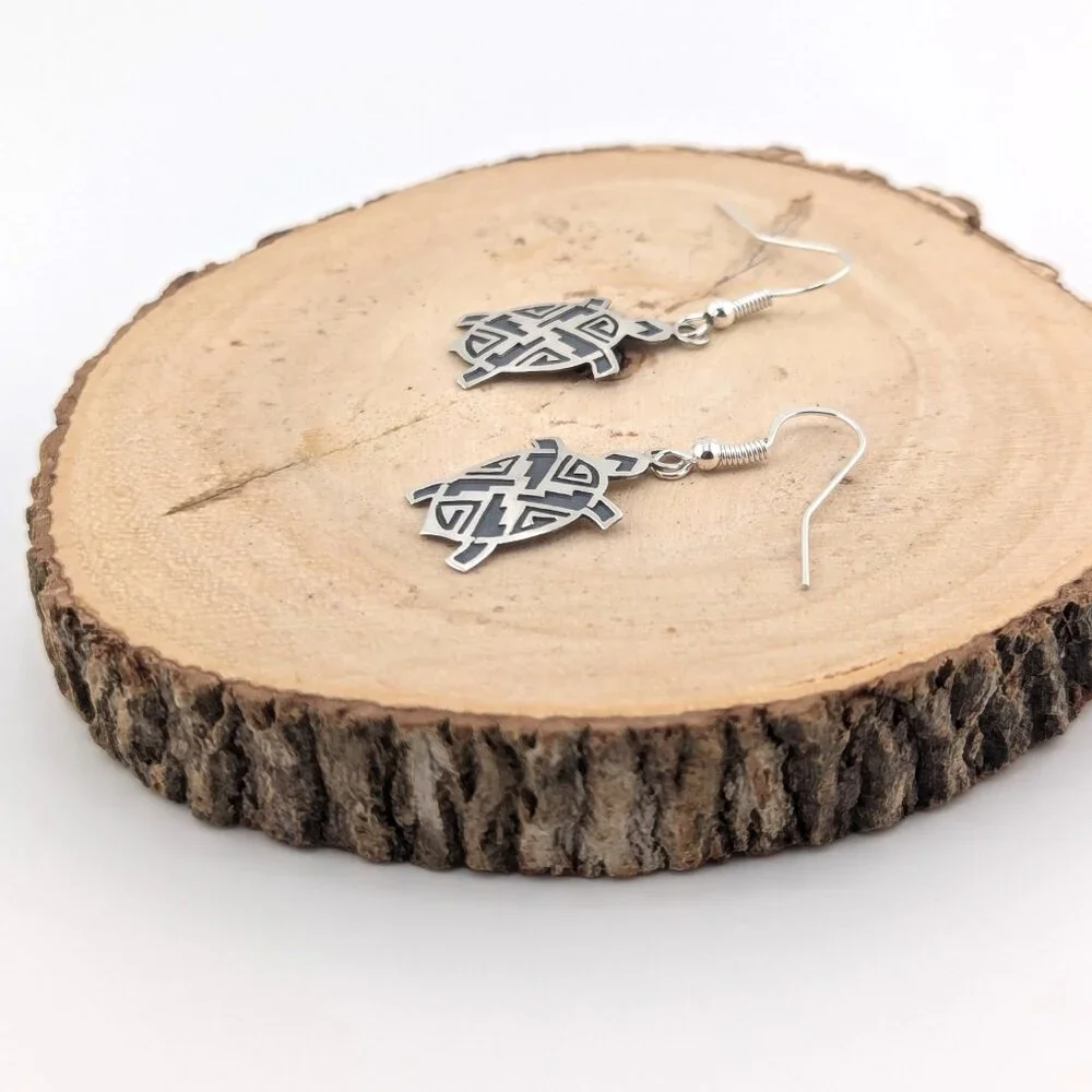 Handcrafted Navajo Turtle Overlay Dangle Earrings Native American Jewelry***‎